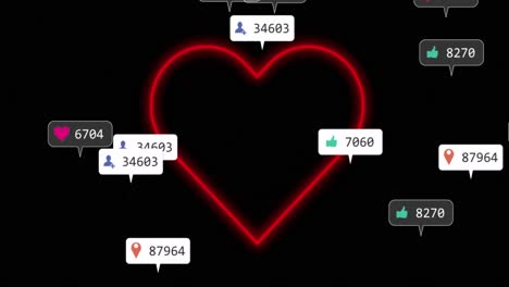 animation of neon heart and social media reactions over black background