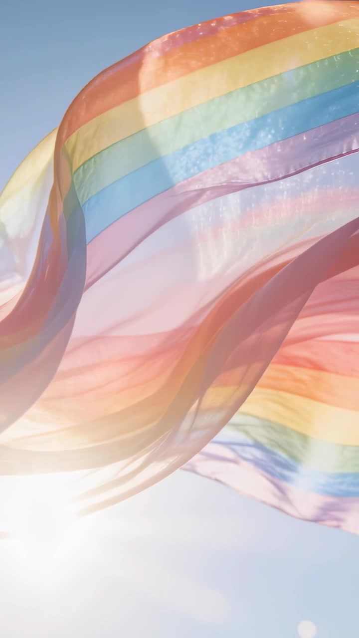 Vertikales Video: Wogender transparenter Regenbogenstoff weht am offenen Himmel, Wind hebt den Stoff an, die Sonne strahlt.