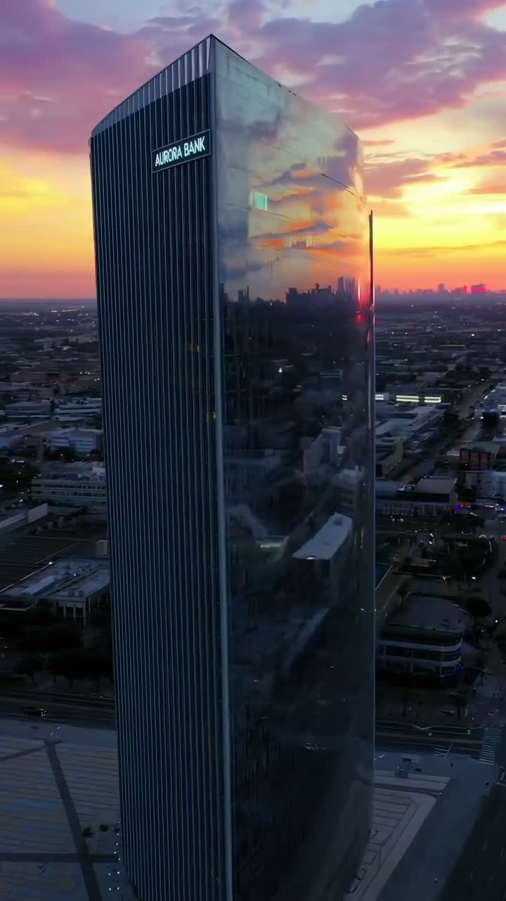 Video aereo di un moderno grattacielo al tramonto, che ne evidenzia il design elegante