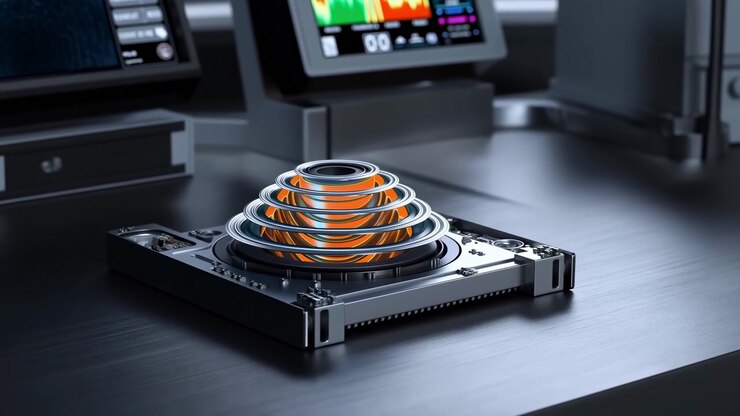 Illuminated ring structure changes color across stacked circular layers on rectangular device, with reflective metal surfaces, cool low-key lighting, and softly blurred control displays behind it.