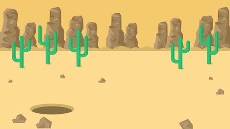 hombre de negocios saltar sobre el agujero. fondo del desierto. concepto de riesgo. ilustración de bucle en estilo plano.