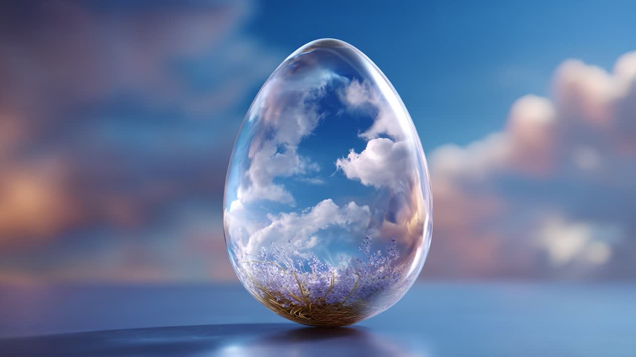 En betagende genspejling: Et krystlæg, der indfanger himlen og den blomstrende natur indeni, og fremviser skyernes skønhed og ro i en drømmelignende scene