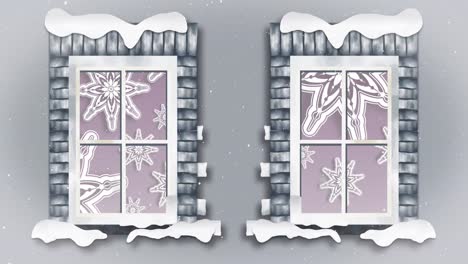 Animation-Einer-Weihnachtlichen-Winterlandschaft-Und-Fallendem-Schnee,-Gesehen-Durch-Fenster