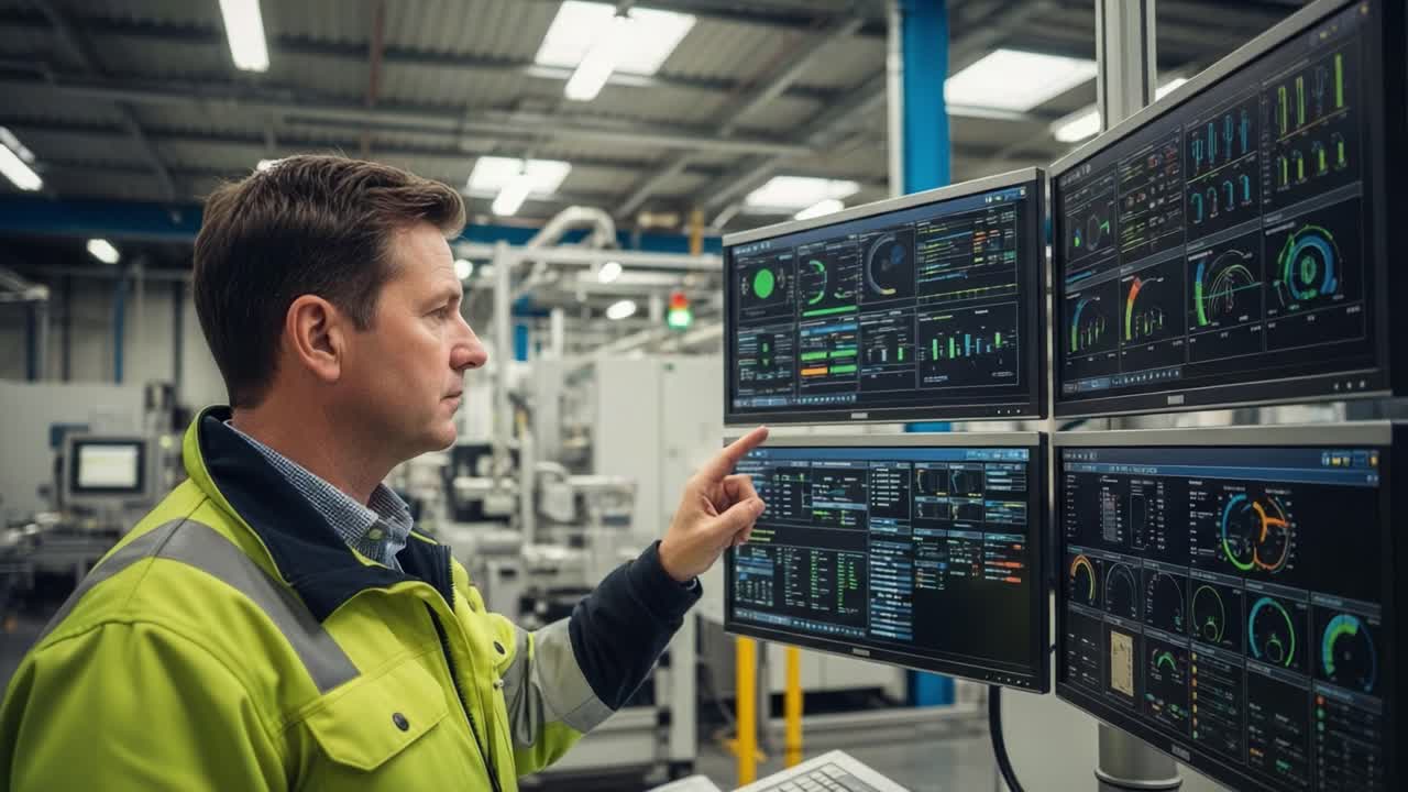 An Operator Monitors Complex Data Displays in a High-Tech Environment, Strategically Analyzing Metrics and Systems Performance Across Multiple Screens