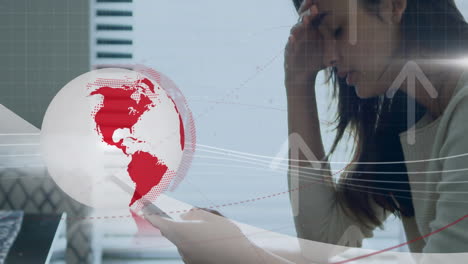 animation of globe and arrows over woman using smartphone