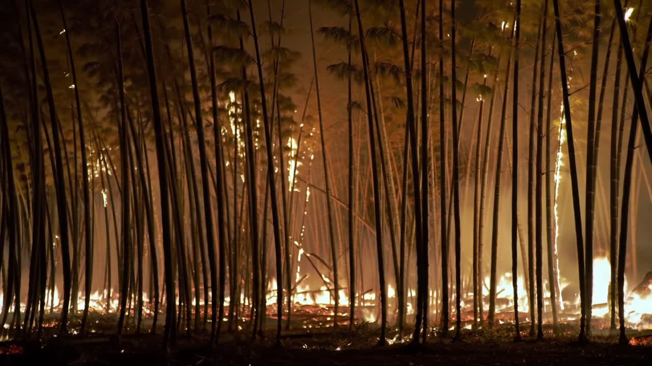 Wildfire Spreads Rapidly Through Forested Area at Night Causing Destruction and Smoke