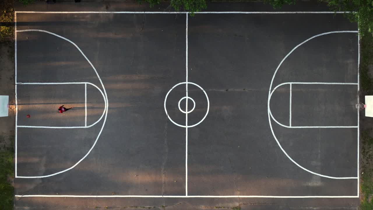 A top down view directly above a basketball court in a park on Long Island, NY