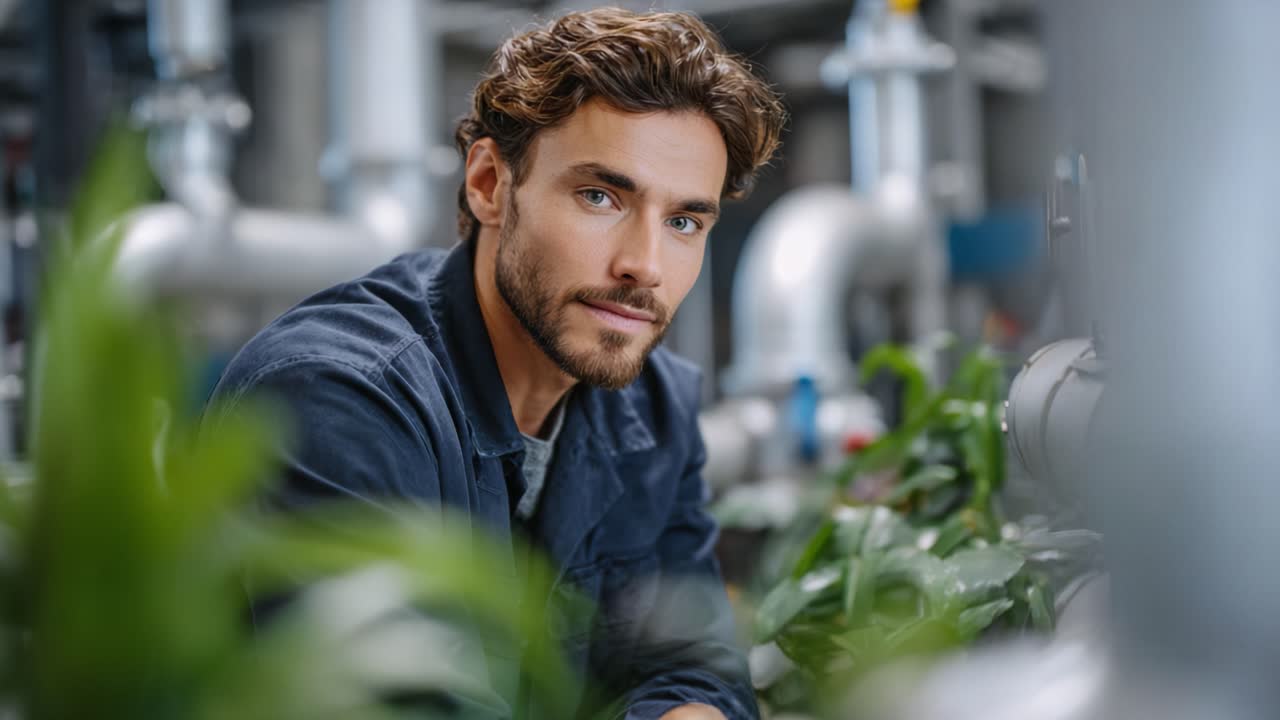 Un giovane uomo sicuro di sé siede tra una vegetazione rigogliosa e tubi industriali, irradiando carisma e concentrazione in un ambiente interno vibrante, perfetto per uno stile di vita moderno.