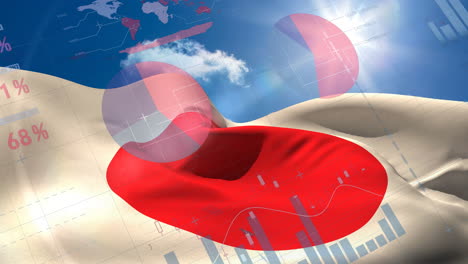 animación del registro de estadísticas financieras sobre la bandera de japón ondeando