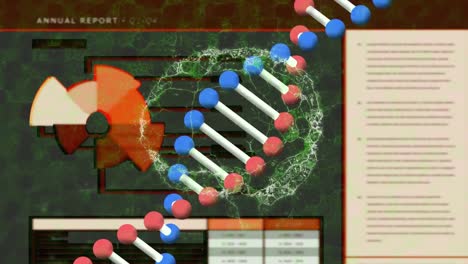 Digital-animation-of-dna-structure-and-human-brain-spinning-against-annual-report-in-background