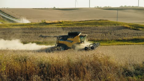 Sunset harvest dust cloud trails behind the combine