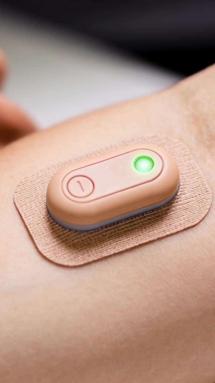 Video verticale: Punta del dito che tocca e attiva una capsula beige su un cerotto adesivo sulla pelle, con un LED verde che si illumina.