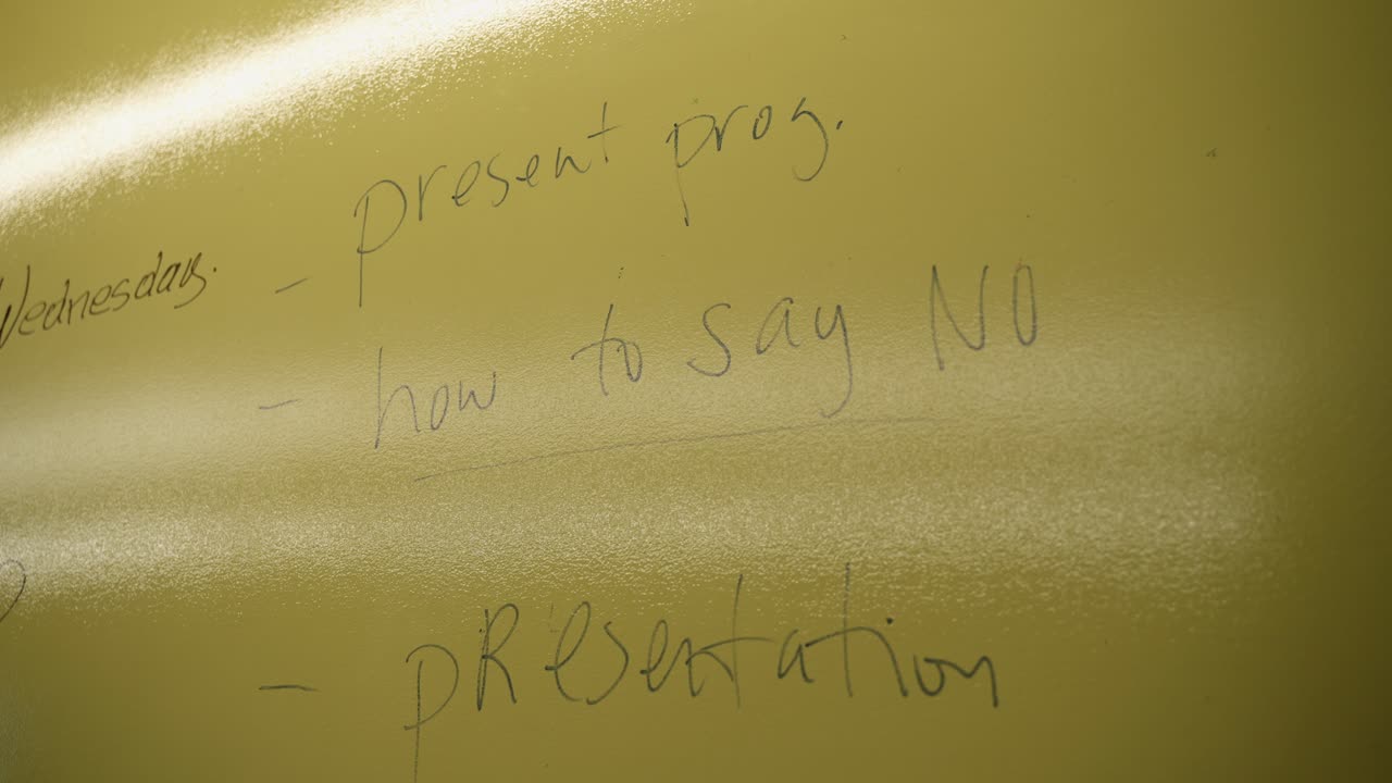 Close up shot of a yellow board showing class in session