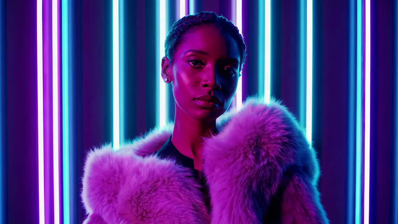 Woman in Fur Coat with Neon Lights