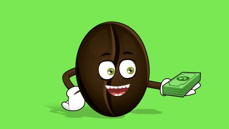 cartoon coffee bean money dollars in hand with face animation alpha matte