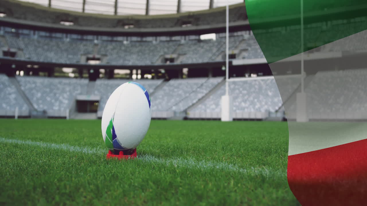 Animation of flag of italy over rugby ball lying on stadium