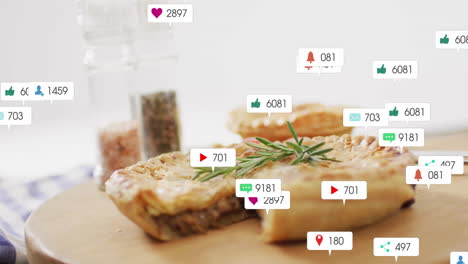 animation of savory pies on table with social media notification icons floating