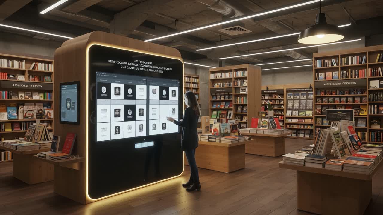 A Modern Bookstore Experience: Exploring Interactive Displays and Digital Interfaces in an Inviting Literary Environment Filled with Books and Knowledge