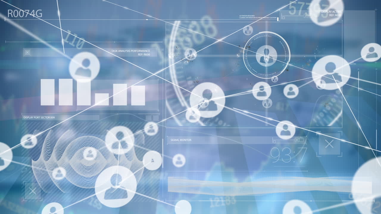 아이콘을 가진 연결 네트워크를 통해 데이터 처리의 애니메이션