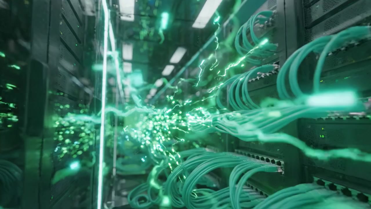 A high-tech data center featuring illuminated server racks and intricate cabling, showcasing modern technology and efficient network connections within a digital environment.