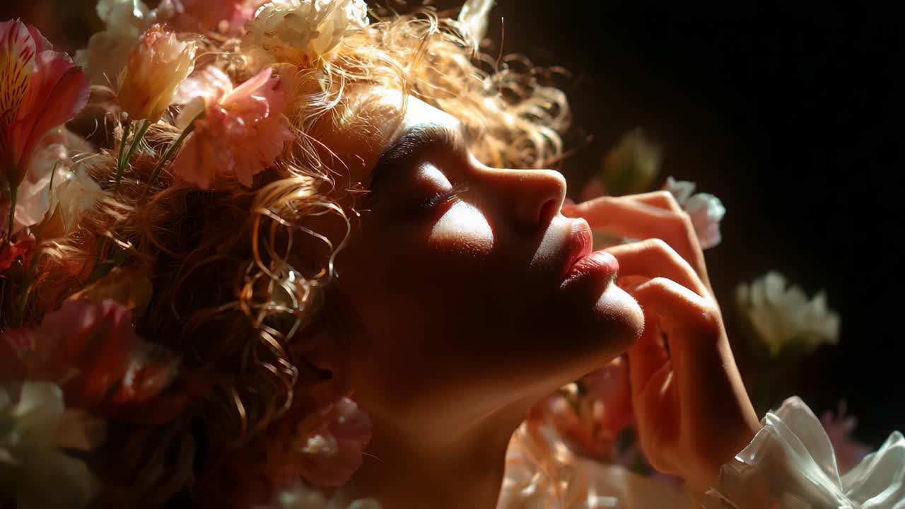 A Captivating Portrait of Ethereal Beauty Showcasing Soft Lighting and Floral Adornments, Emphasizing the Serenity and Grace of the Subject's Delicate Features