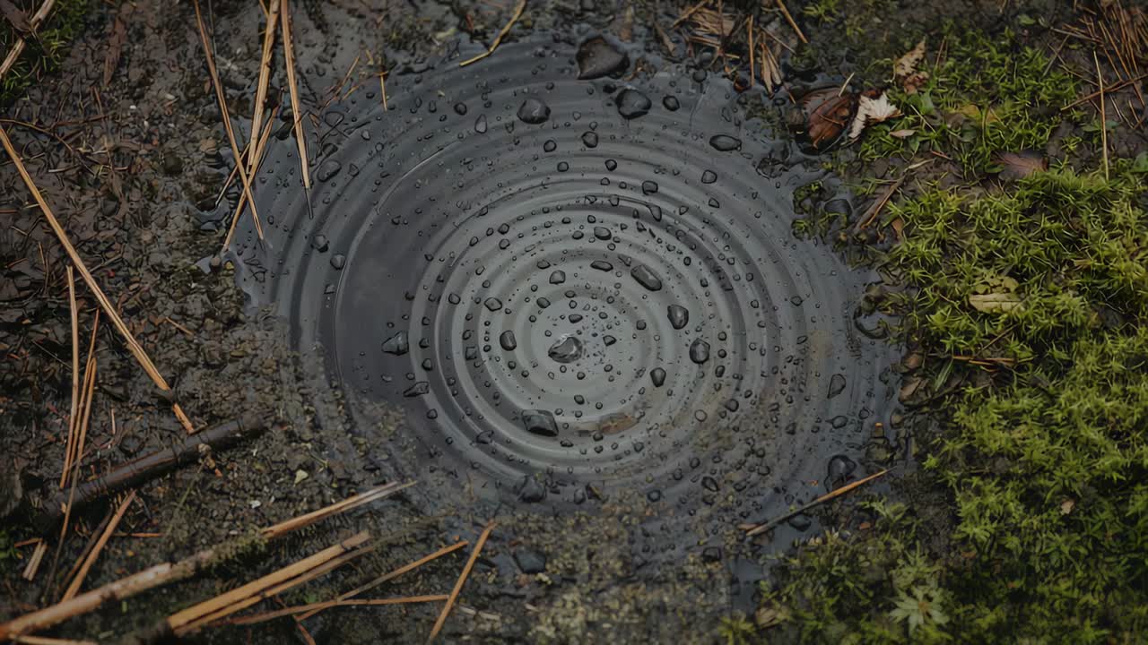 Gocce di pioggia che increspano una pozzanghera circolare in una foresta con muschio, formando anelli che si espandono sotto la pioggia.