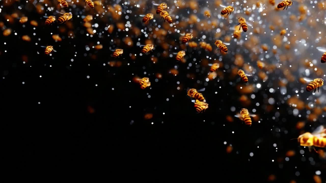 A mesmerizing swarm of honey bees gracefully dances through the air, creating a stunning display of nature's elegance amidst a backdrop of sparkling particles and dark ambiance
