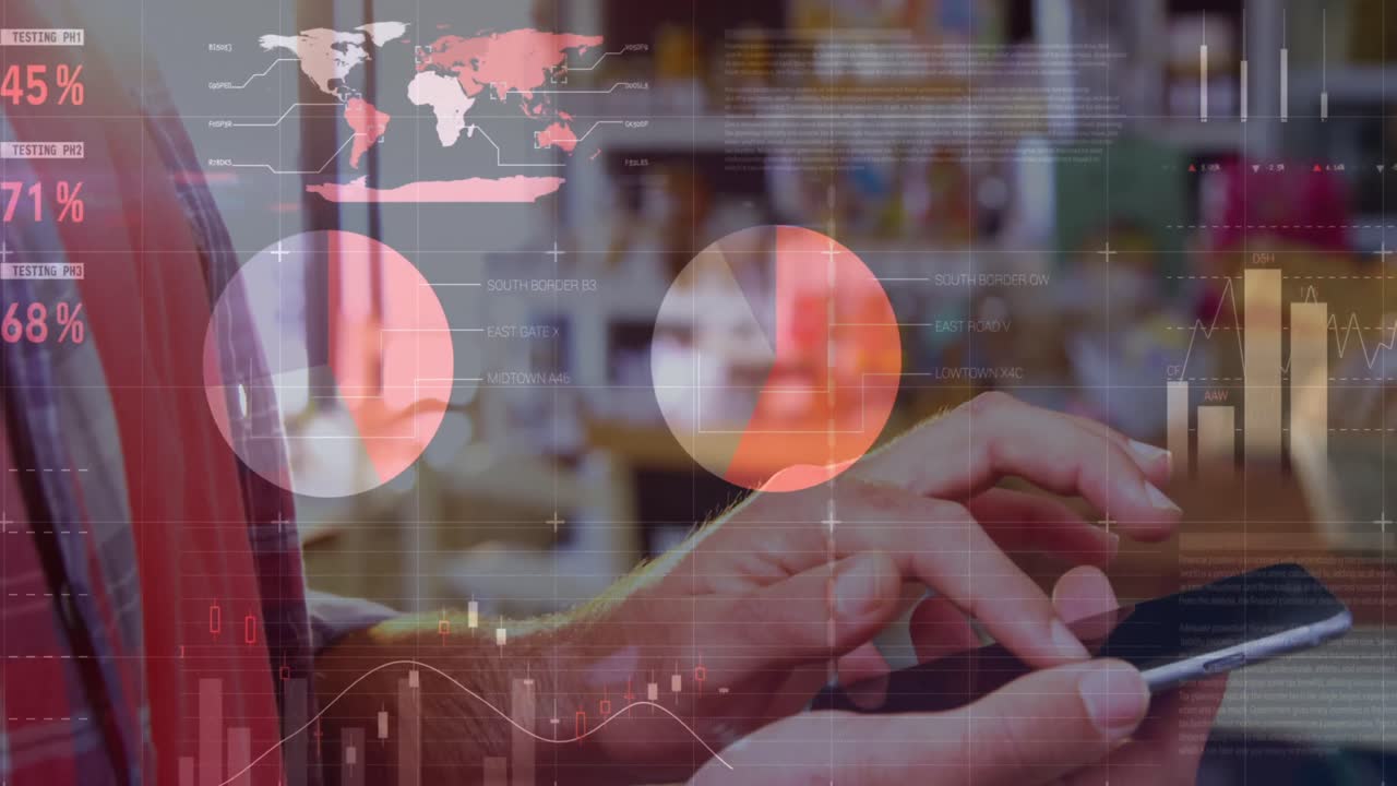 스마트폰을 사용하는 남자의 중간 섹션에 대한 통계 데이터 처리