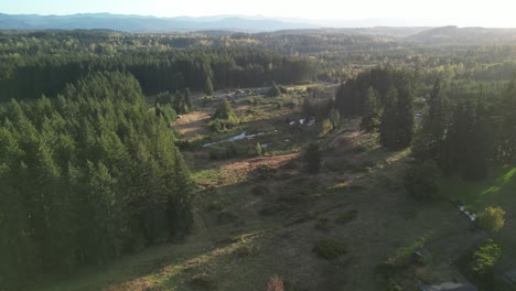 aerial drone footage over a clearing in the pacific northwest, showing rugged terrain, forestry, and scattered development near mount rainier