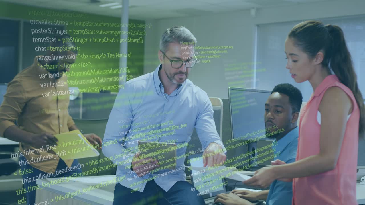 Man tapping tablet, initiating floating green code overlay while team reviewing code for review
