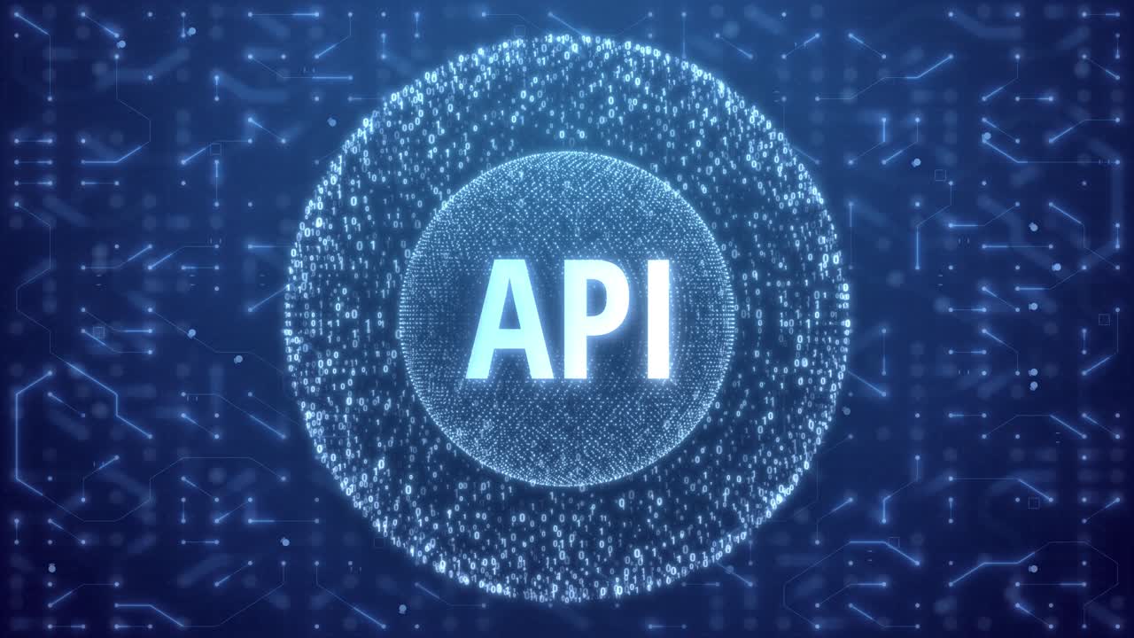 API Concept over Matrix sphere on circuitry background. random numbers in form of sphere over circuit blue background