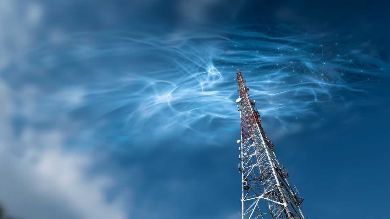 Tower against clear blue sky. A communication tower stands tall against a blue sky, surrounded by wisps of clouds, highlighting its height