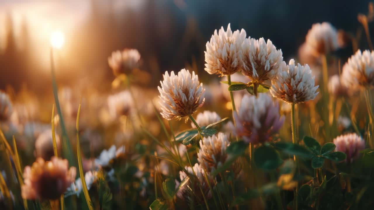 A Tranquil Sunset Over a Field of Clover: Capturing the Serenity of Nature in Warm Golden Light