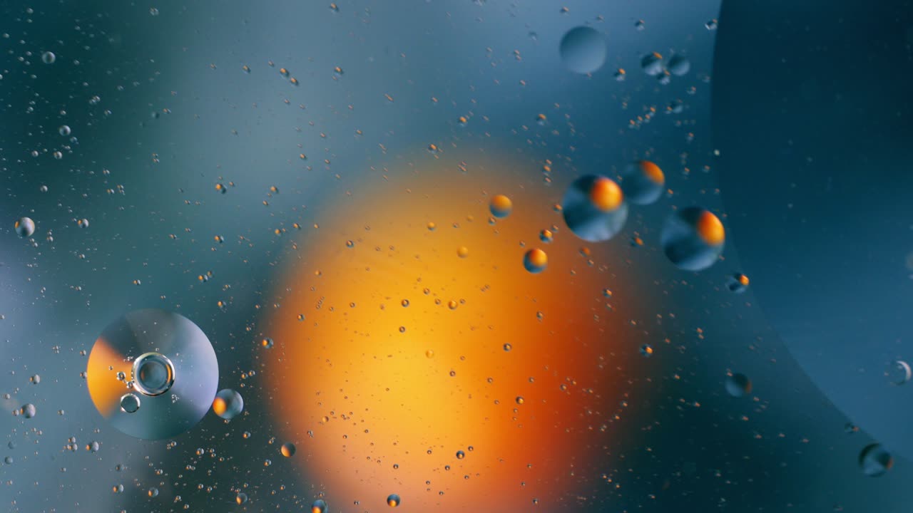 파란색과 오렌지색의 석유 거품, 공간 렌더링, 추상적인 배경