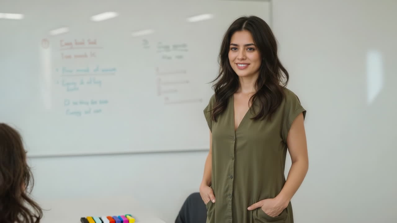 A smiling woman stands in a classroom in front of a whiteboard, possibly teaching or giving a presentation
