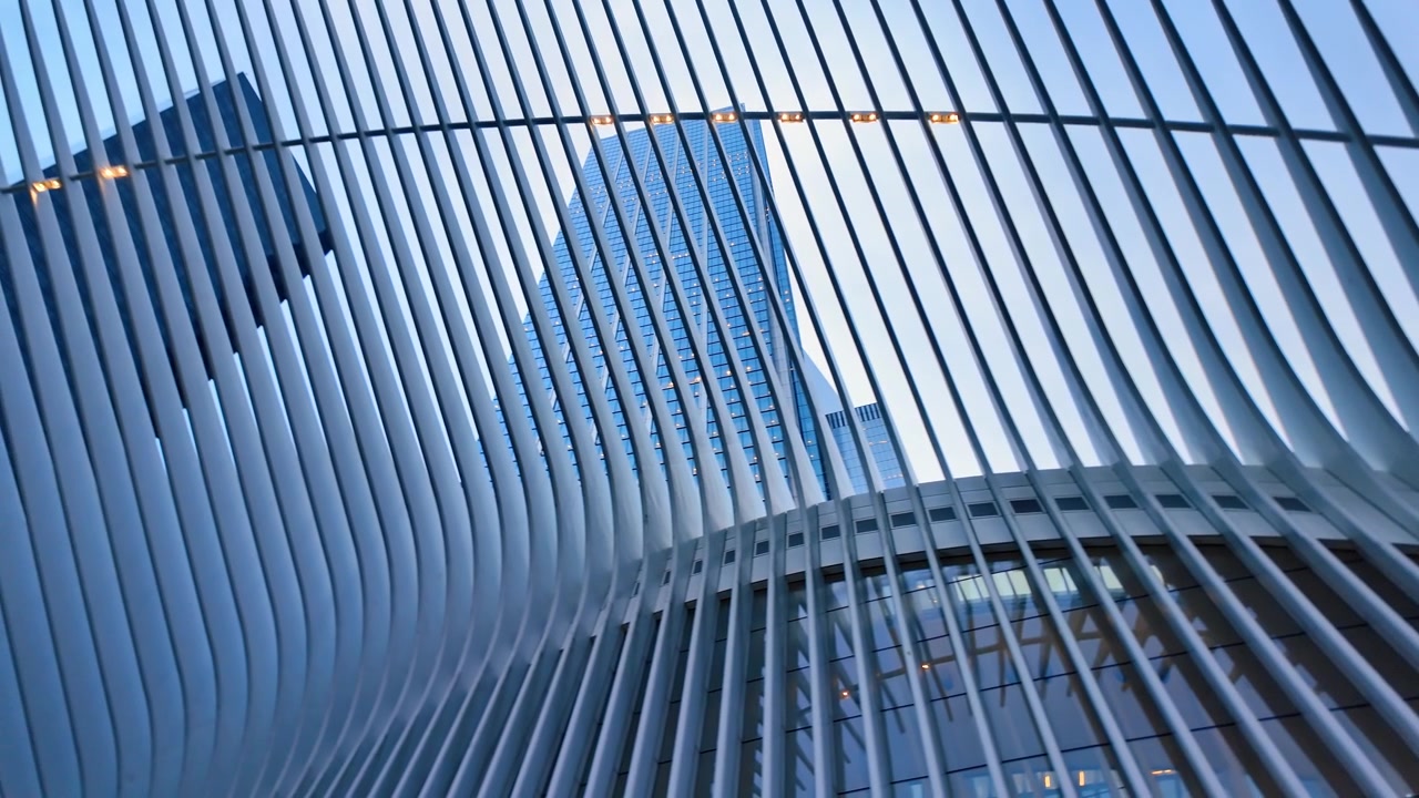 White steel ribs of the Oculus framing One World Trade Center, New York. Low-angle upward view of curved structural fins against pale blue sky with glass tower visible between gaps.