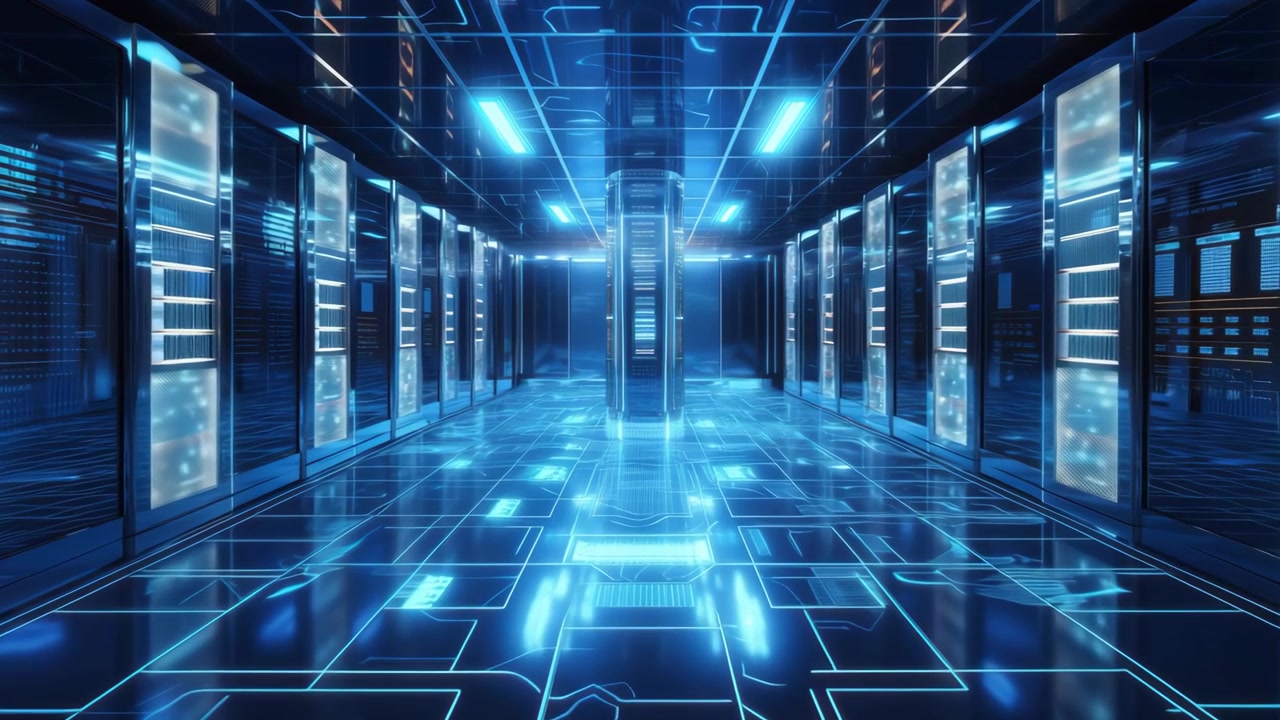 Futuristic Data Center with Glowing Blue Server Racks and Digital Circuits