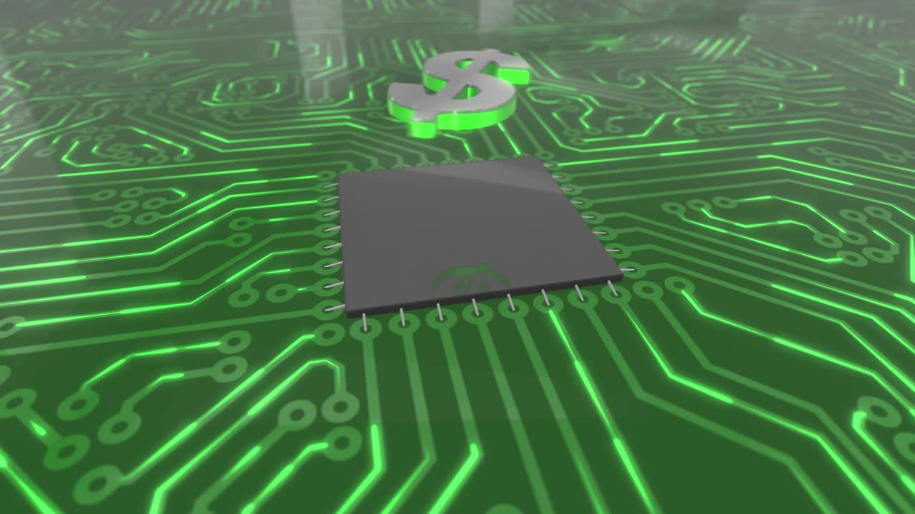 어두운 녹색 회전 컴퓨터 회로 보드 개념 달러 루프 4k