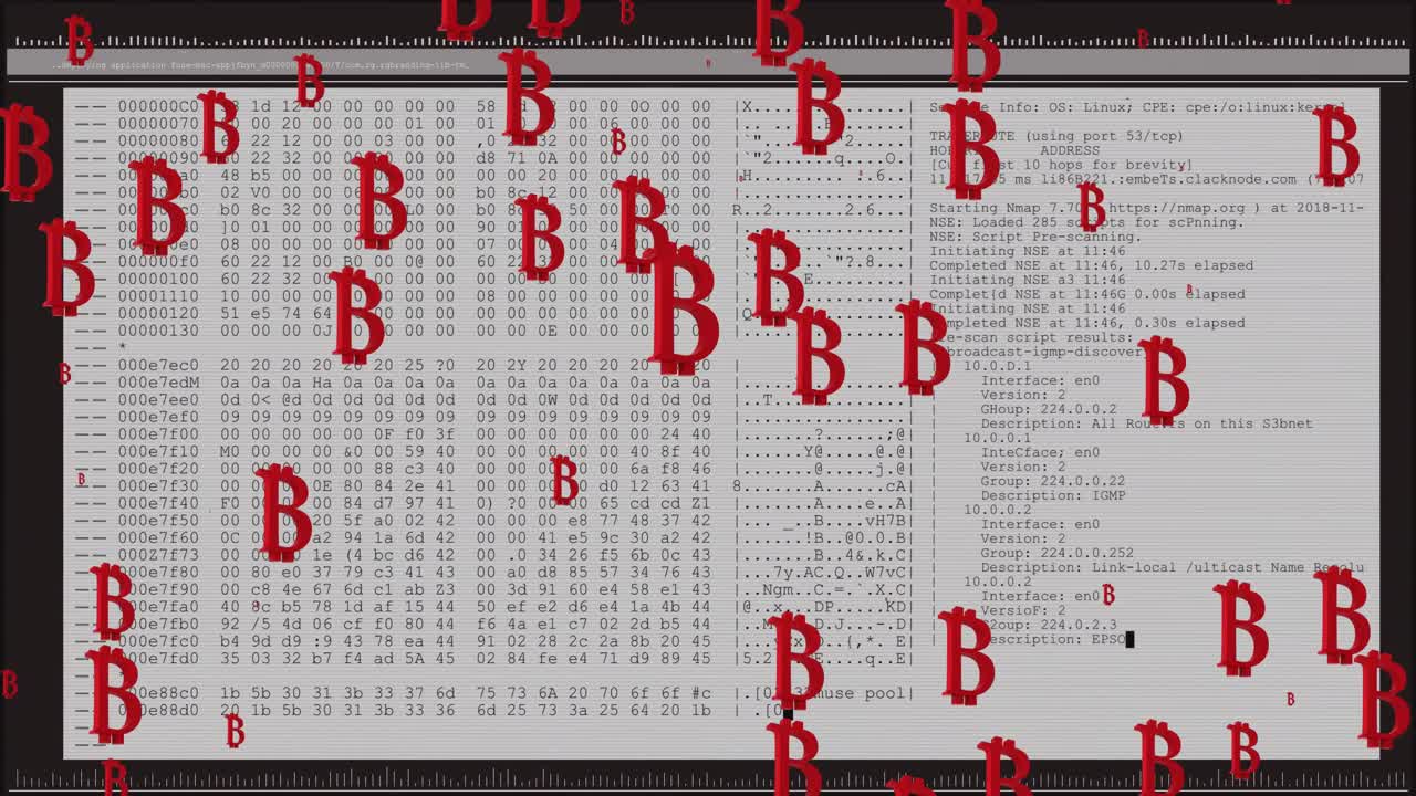 animación de bitcoin parpadeando sobre el procesamiento de datos en fondo negro
