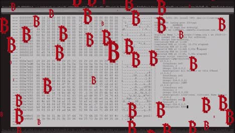animation von bitcoin, das über die datenverarbeitung auf schwarzem hintergrund blinkt