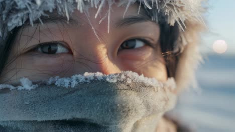 woman bracing against harsh winter landscape, cold breath visibly emerging, facial expression revealing personal resilience while standing amid frosty outdoor environment