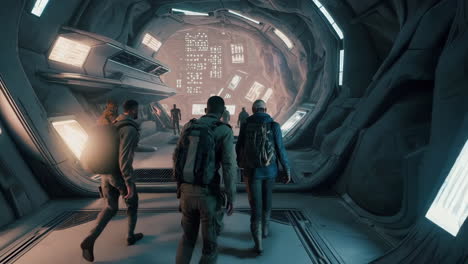 group of people walking through a futuristic corridor in a video game
