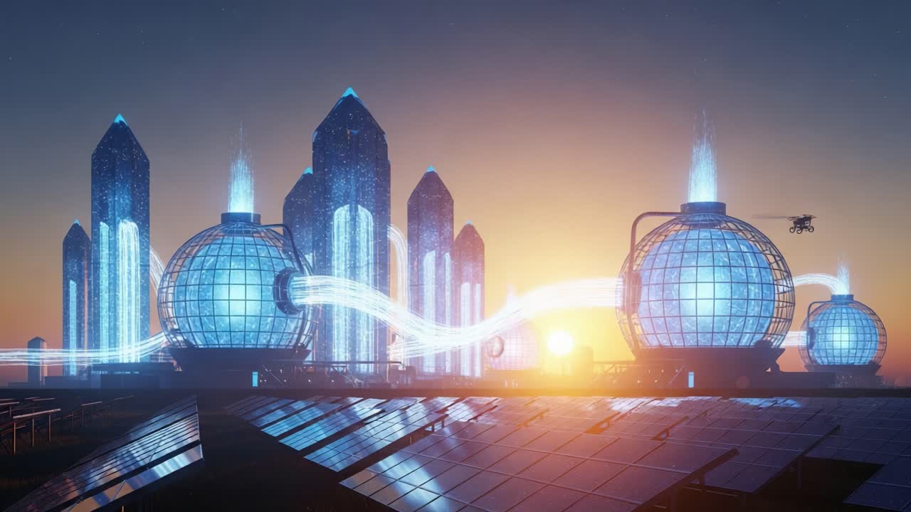Futuristic Urban Landscape at Sunset Featuring Advanced Energy Solutions with Solar Panels and Innovative Structures in a Vibrant City Skyline