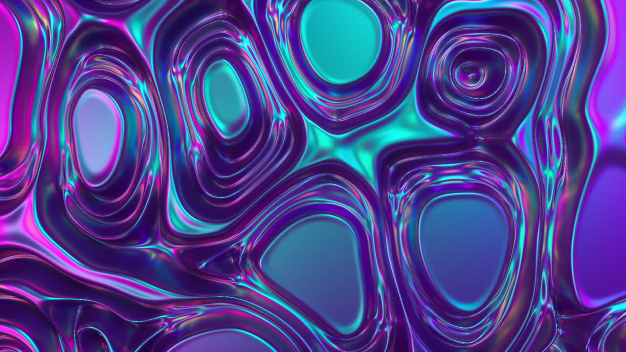 추상 3d 렌더링 홀로그램 오일 표면 배경, 포일 파동 표면, 파동 및 파동, 자외선 현대 빛, 네온 파란색 분홍색 스트럼 색상.