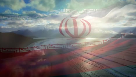 Digitale-Komposition-Der-Schwenkenden-Iranischen-Flagge-Vor-Der-Luftaufnahme-Des-Strandes-Und-Des-Meeres