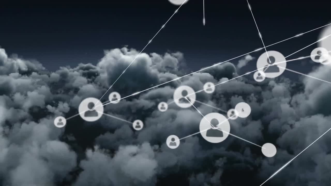 Animazione di reti di connessioni con icone sul cielo