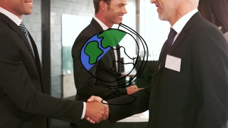 Animation-of-globe-over-businessman-handshake