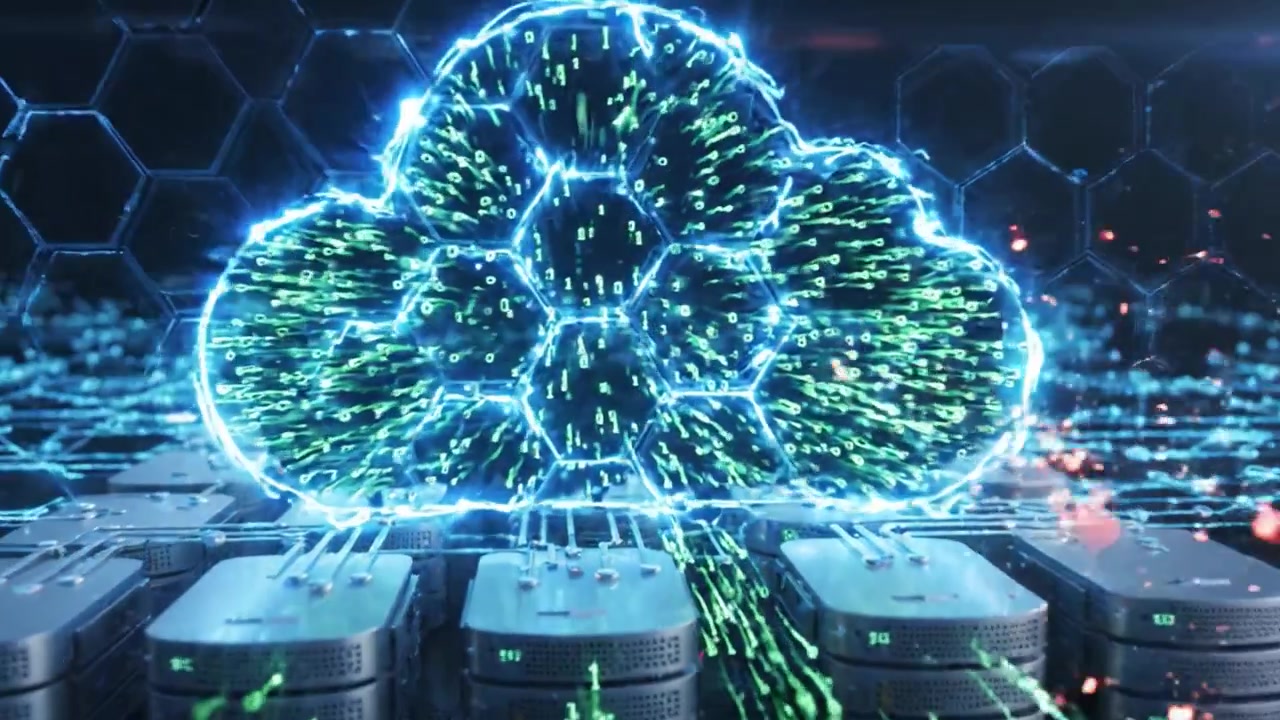 Visual representation of digital data transformation, showcasing the evolution from physical storage to cloud computing through vibrant energy bursts and interconnected circuits.