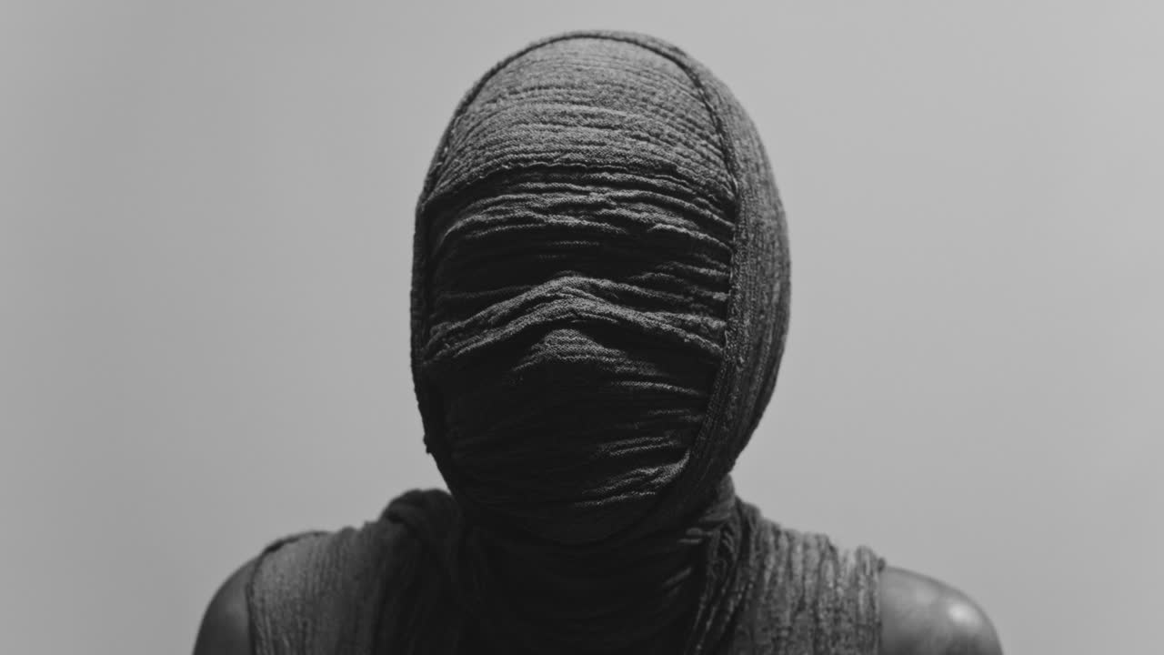 A mummy of a woman on a white backdrop rises her head