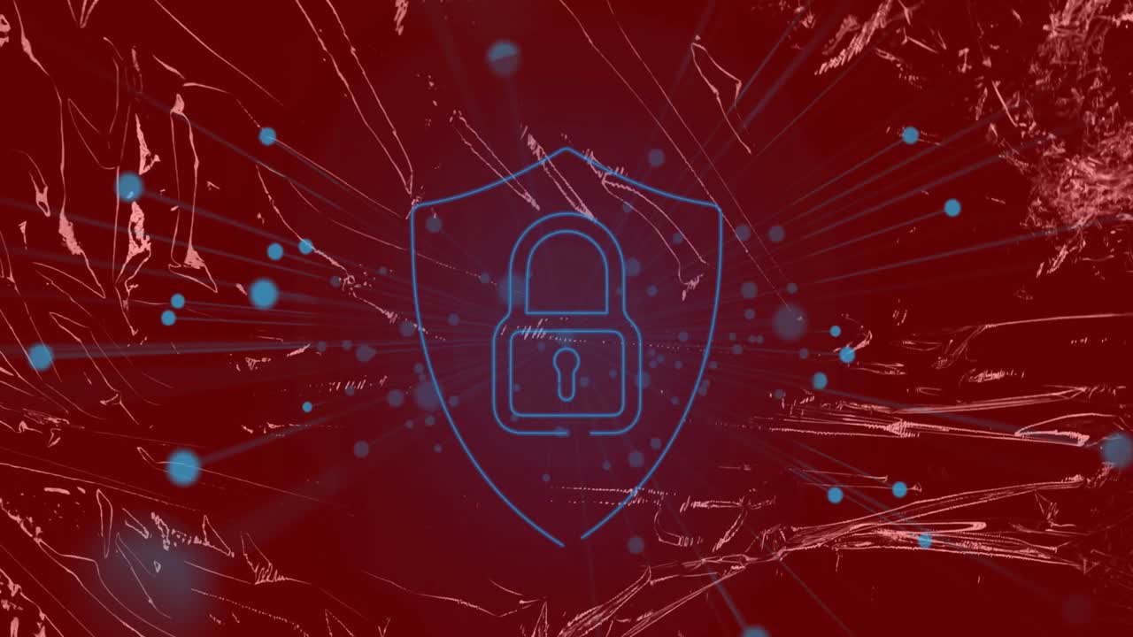 Animation of security padlock icon and blue spot against changing texture on red background